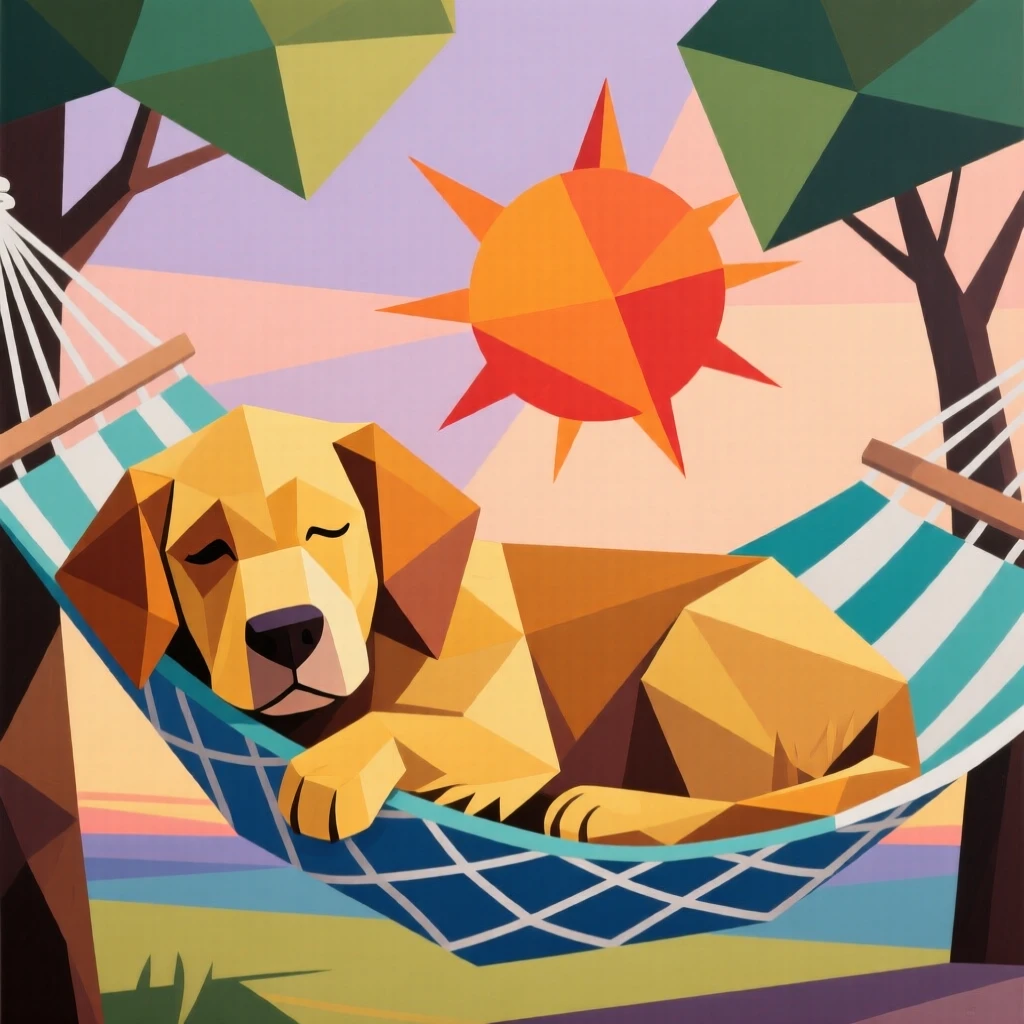 A charming portrait of a golden retriever puppy dozing in a hammock on a summer afternoon, just before sunset.