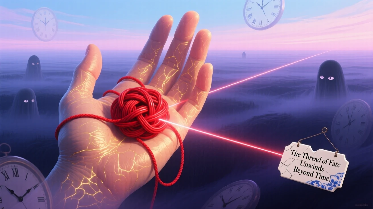 A tangled knot of red thread slowly unraveling into a straight line rests gently in the palm of an outstretched hand, while the surrounding space feels calm, still, and open.