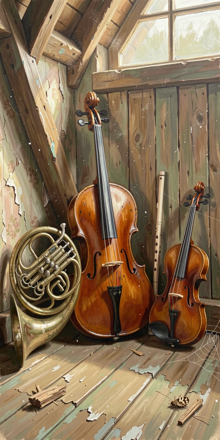 A collection of antique musical instruments, including a cello and a trumpet, leans together in the corner of a dusty attic studio, a sense of vast scale emphasized by tiny details that anchor the eye at the edges of the frame.