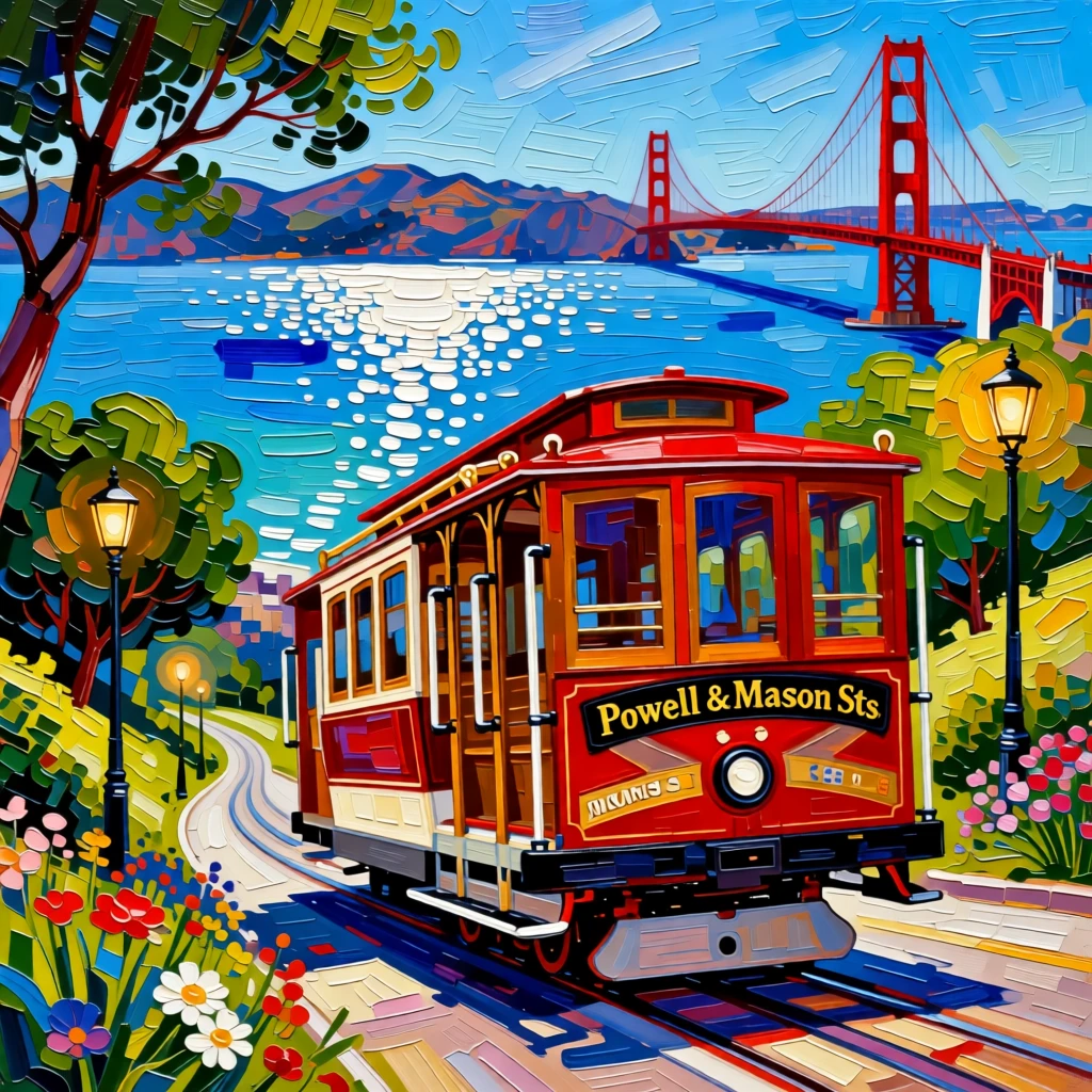 A cable car climbing a steep hill in San Francisco with the bay glittering below
