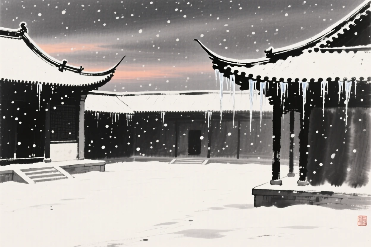 Snow falls silently over a quiet temple courtyard at dusk, with icicles hanging from the eaves of a nearby roof.