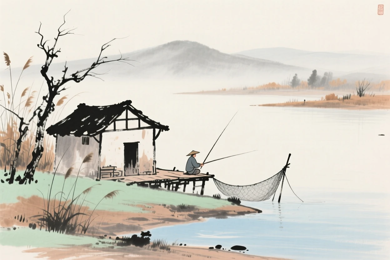 A solitary fisherman's hut perched at the edge of a quiet bay, in late autumn.