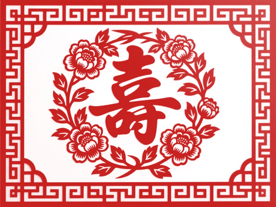A peony wreath encircling a shou character, framed by a symmetrical lattice of key-fret patterns, representing harmony between heaven and earth.