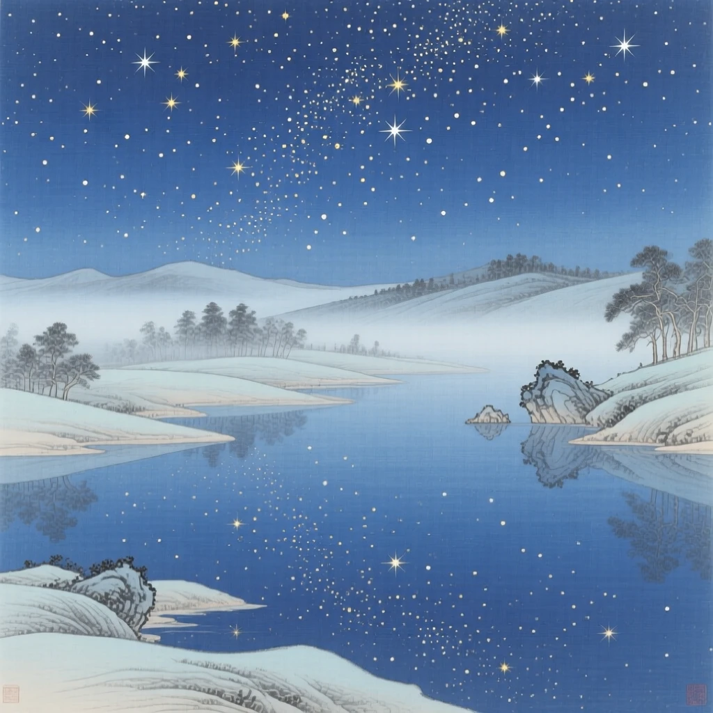 A starry sky reflected in a still lake, with soft mist drifting across the valley floor