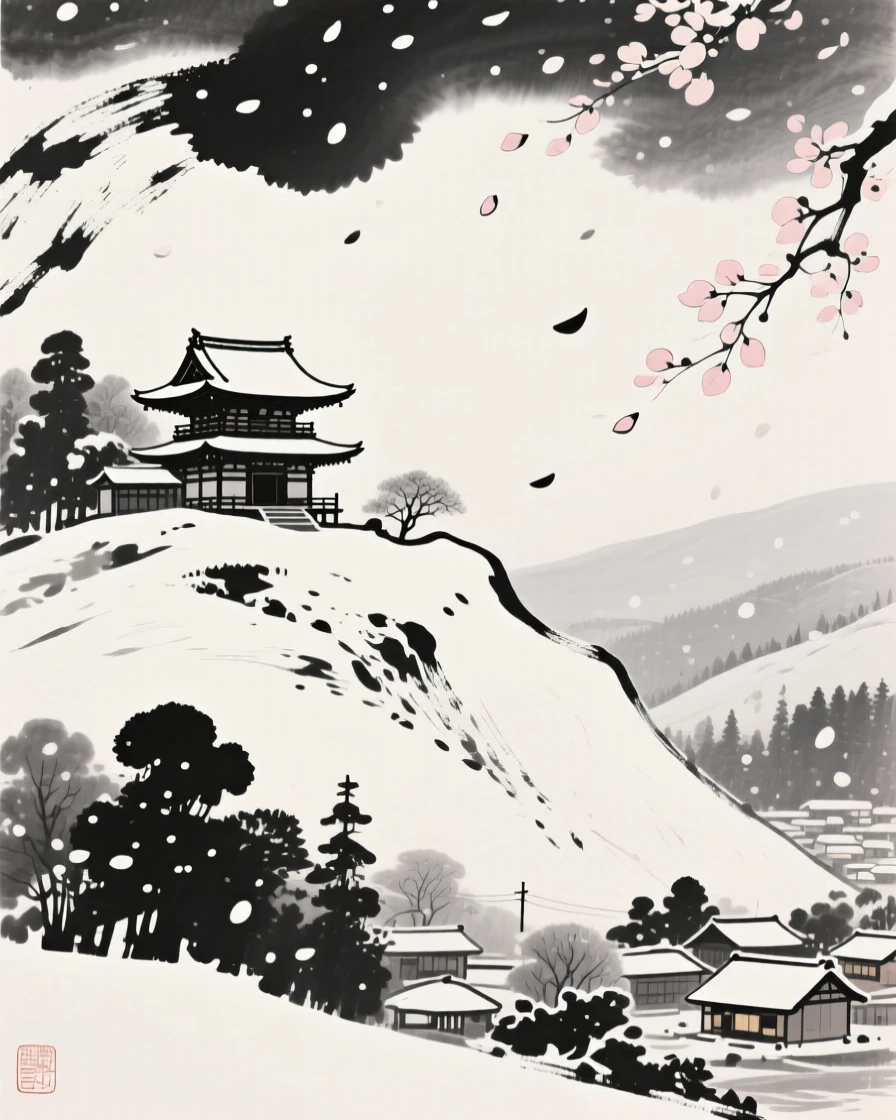 A quiet snowbound temple during the depths of winter on a hillside overlooking the village below, framed through drifting petals or falling snow for depth, suggesting nostalgia and gentle celebration.