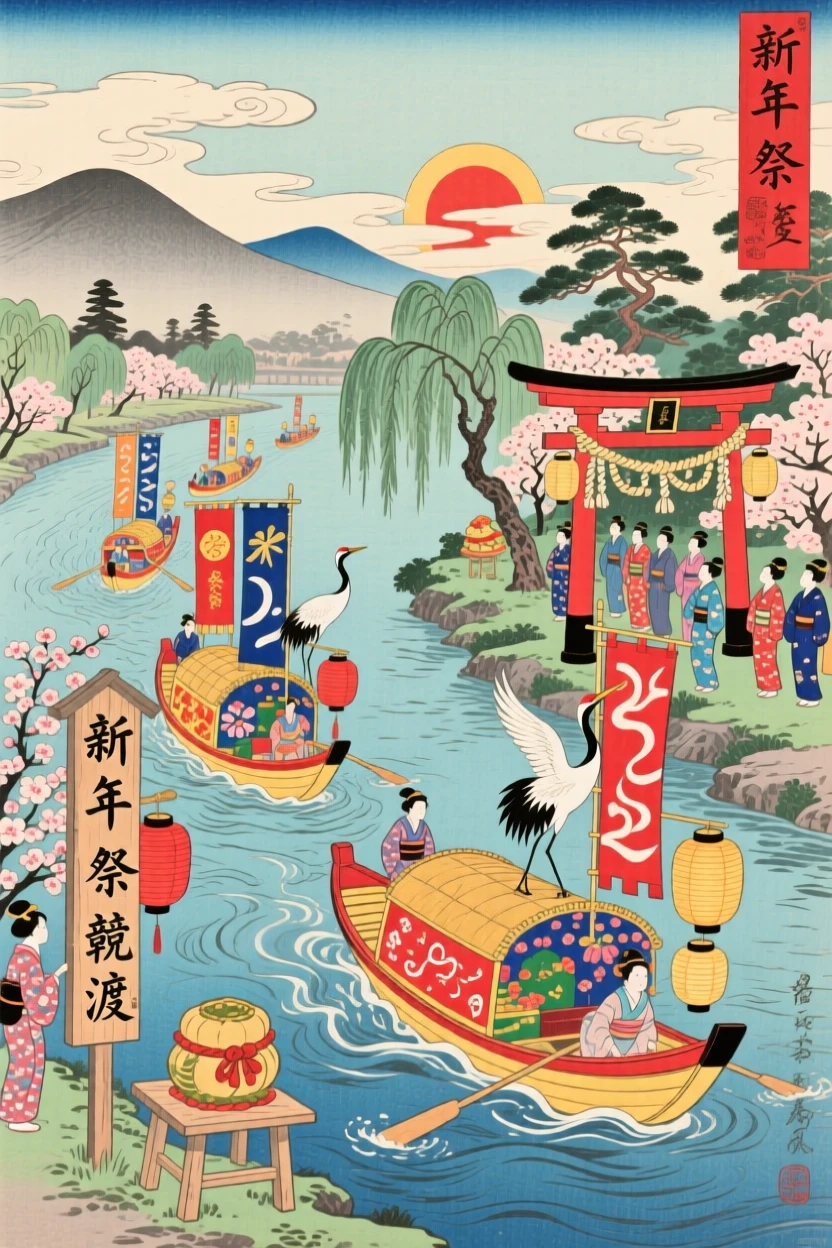 A New Year gathering racing brightly decorated boats down a river.