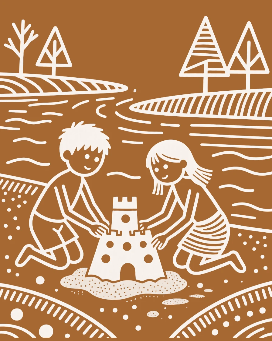 Two young siblings building a small sandcastle by a riverbank.