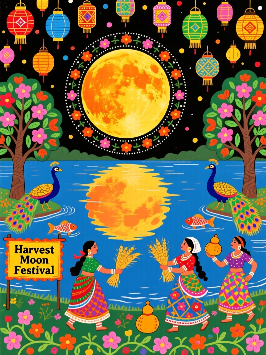 A harvest moon festival with lanterns floating above a quiet lake.