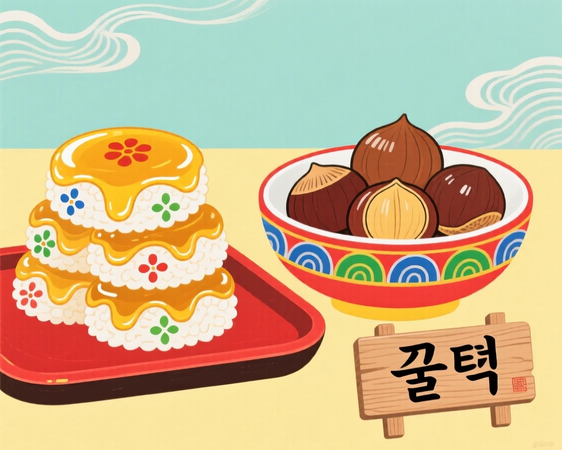 A tray of honeyed rice cakes stacked beside a bowl of chestnuts.