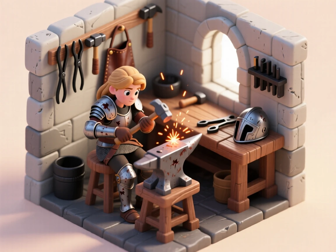 A brave princess repairing her own armor in a castle workshop, sparks flying from a hammer and anvil.