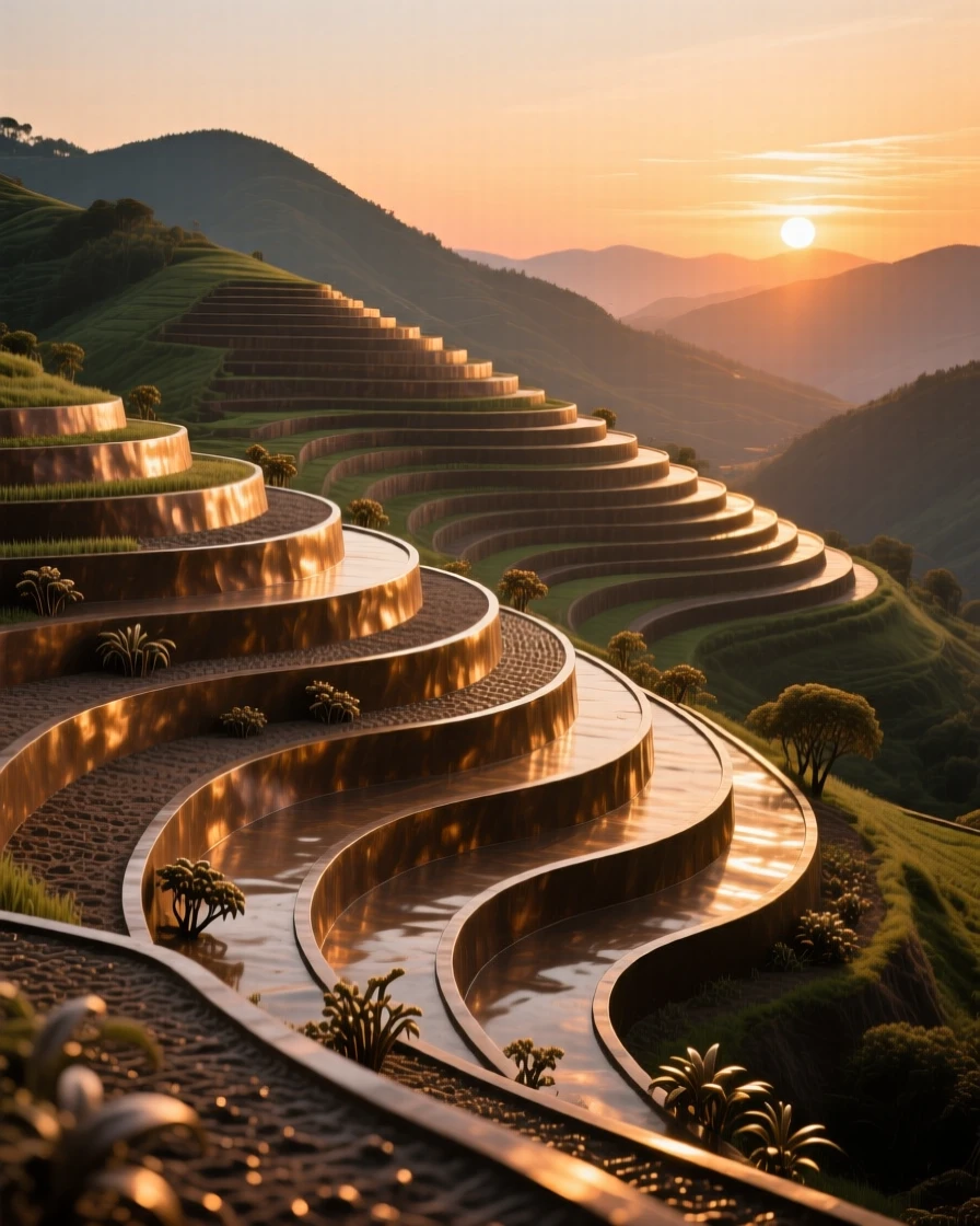 A peaceful terraced hillside glowing at sunset, capturing a powerful sense of scale and grandeur, offering a breathtaking sense of place