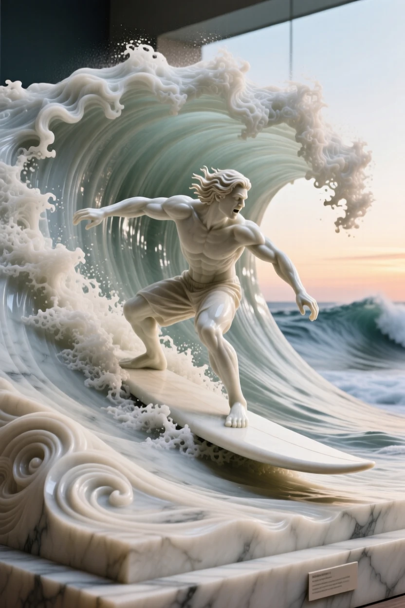 A vivid, emotionally rich scene of a surfer riding a towering wave at dawn, captured with cinematic depth and detail, designed to captivate and inspire