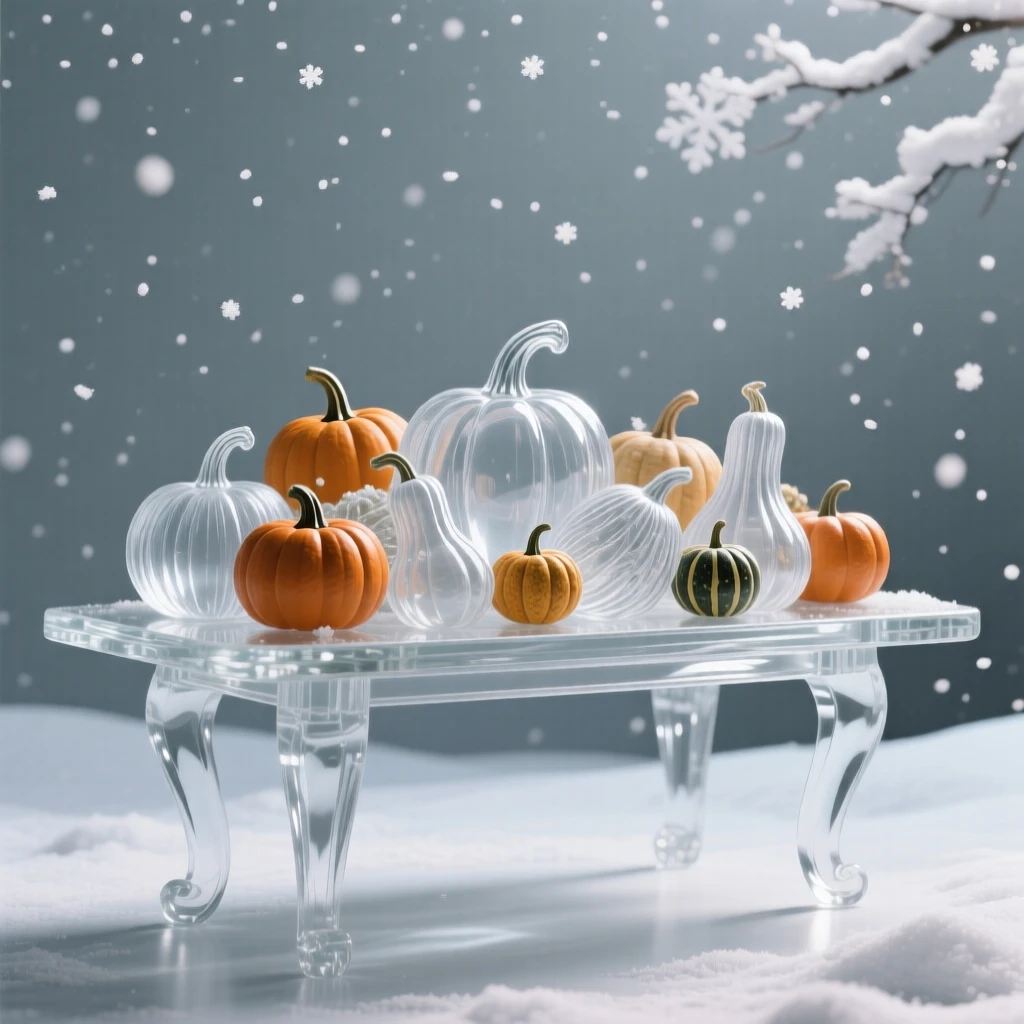 Beneath a sky filled with gently falling snow, a harvest table piled high with autumn pumpkins and gourds