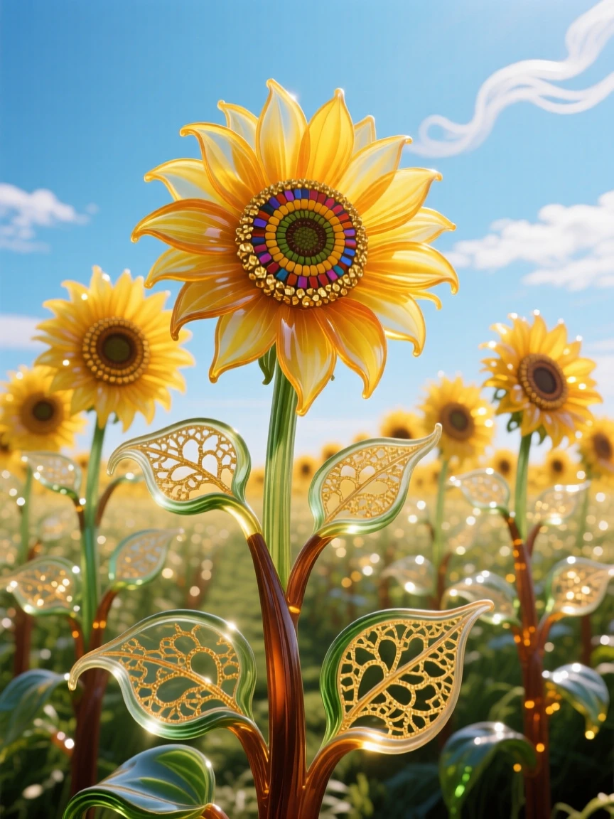 A field of blooming sunflowers arranged in perfect rows beneath a summer sky, cheerful and radiant.