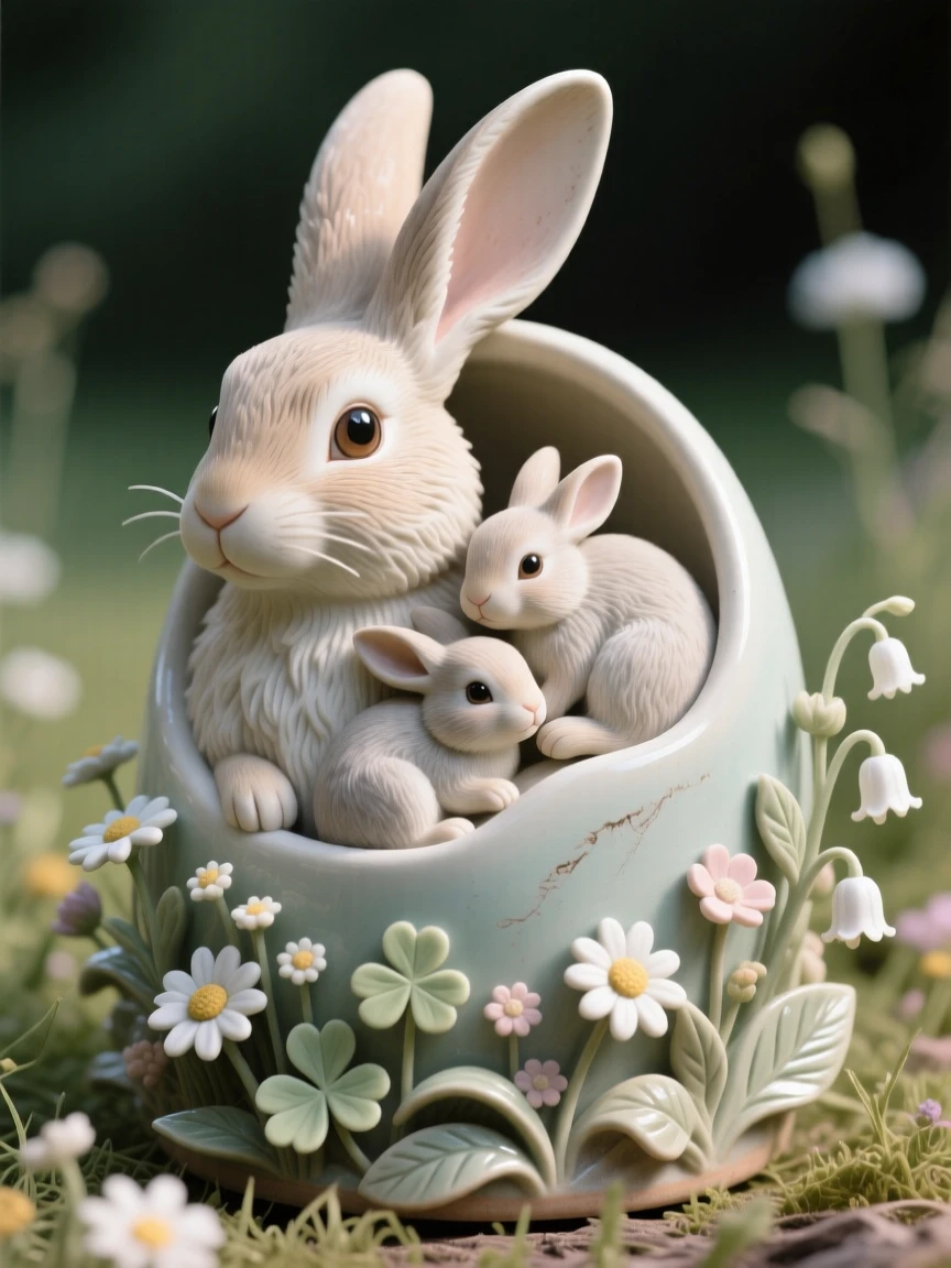 A rabbit with oversized ears curled protectively around its young, surrounded by wildflowers in soft bloom, offering a serene glimpse into nature's stillness.