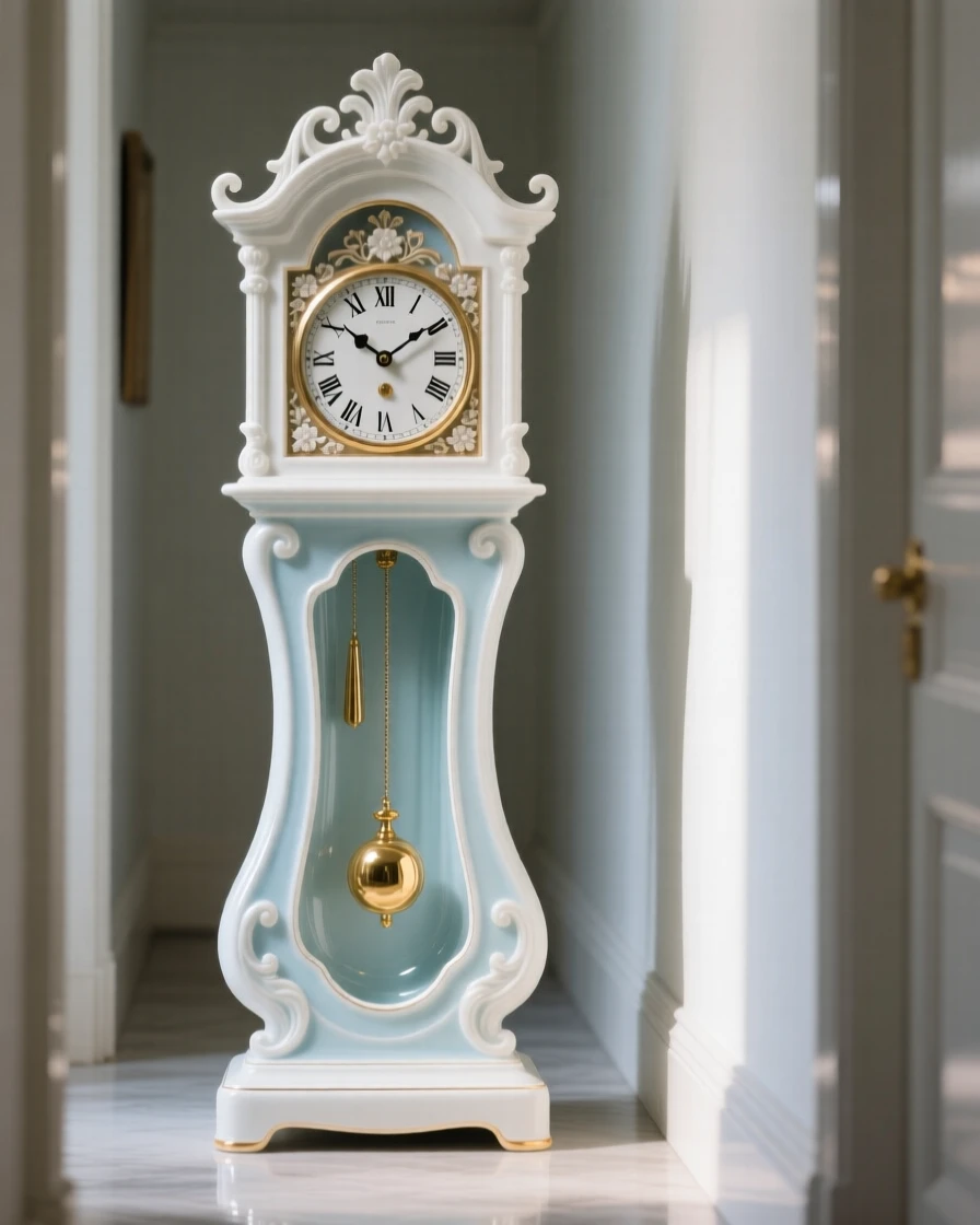 An elegant grand grandfather clock in a quiet hallway, catching glints of light from every angle.