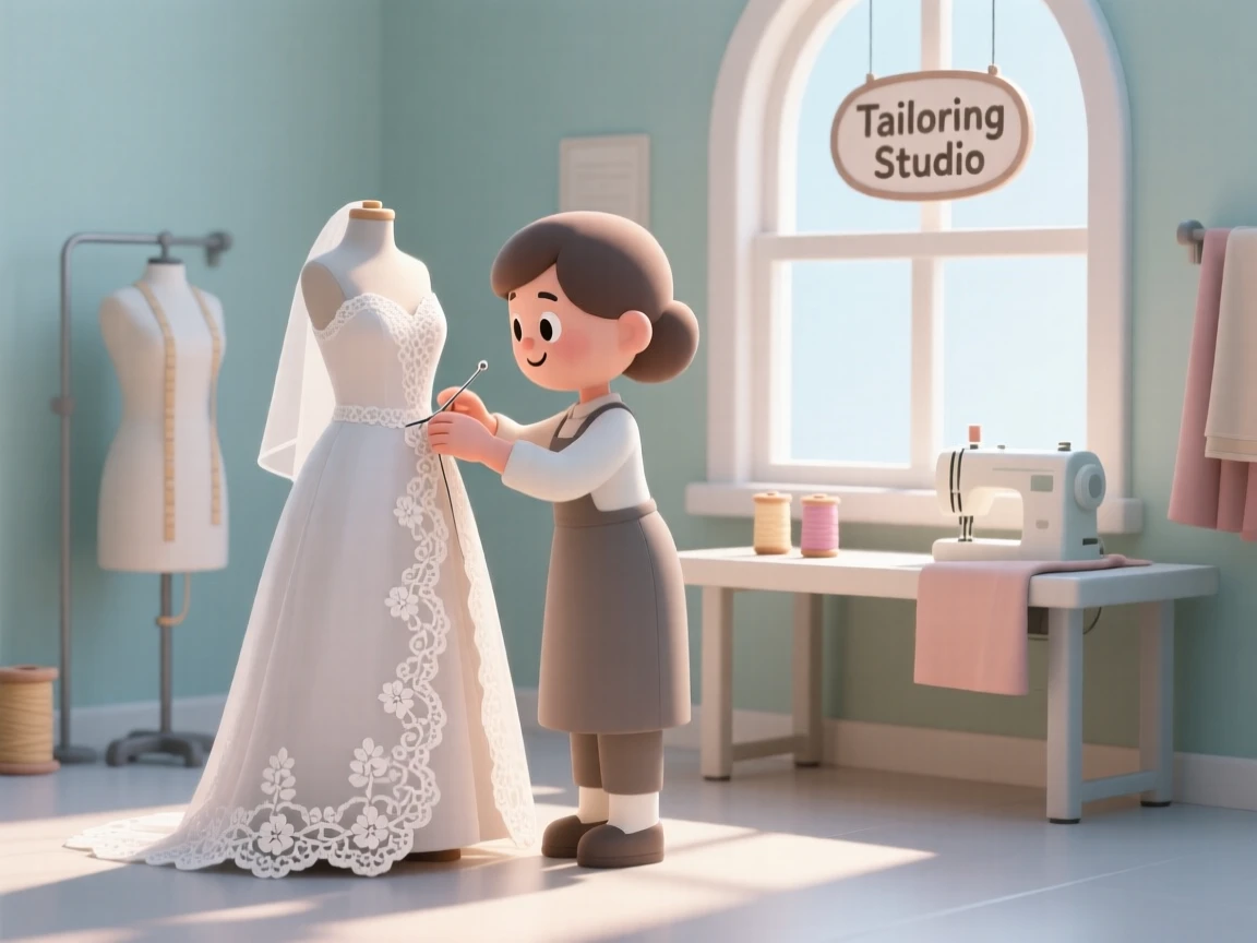 A focused seamstress pins delicate lace onto a wedding gown inside a sunlit tailoring studio.