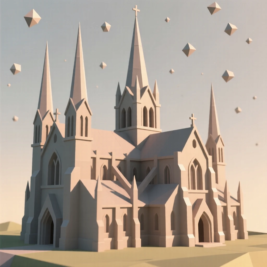 A grand cathedral with soaring stone spires, beneath a sky full of stars. the composition highlights layered rooftops and textures. There is a warm sense of nostalgia.