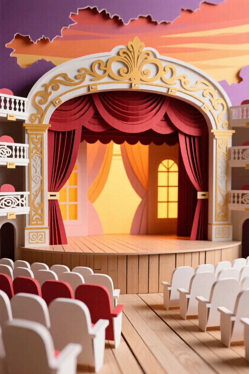 An ornate opera house auditorium set against a vivid sunset sky, with warm interior light spilling outward, evoking quiet historic charm.