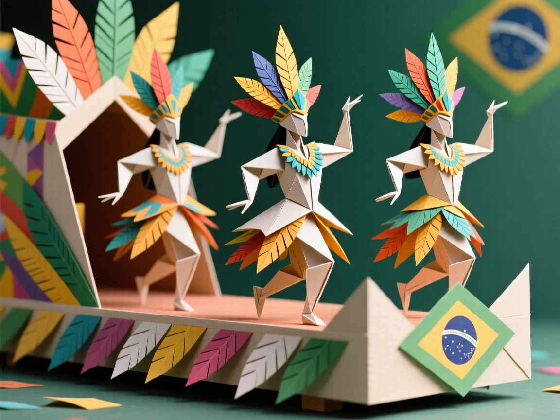 A Brazilian Carnival float scene with dancers in elaborate feathered costumes.