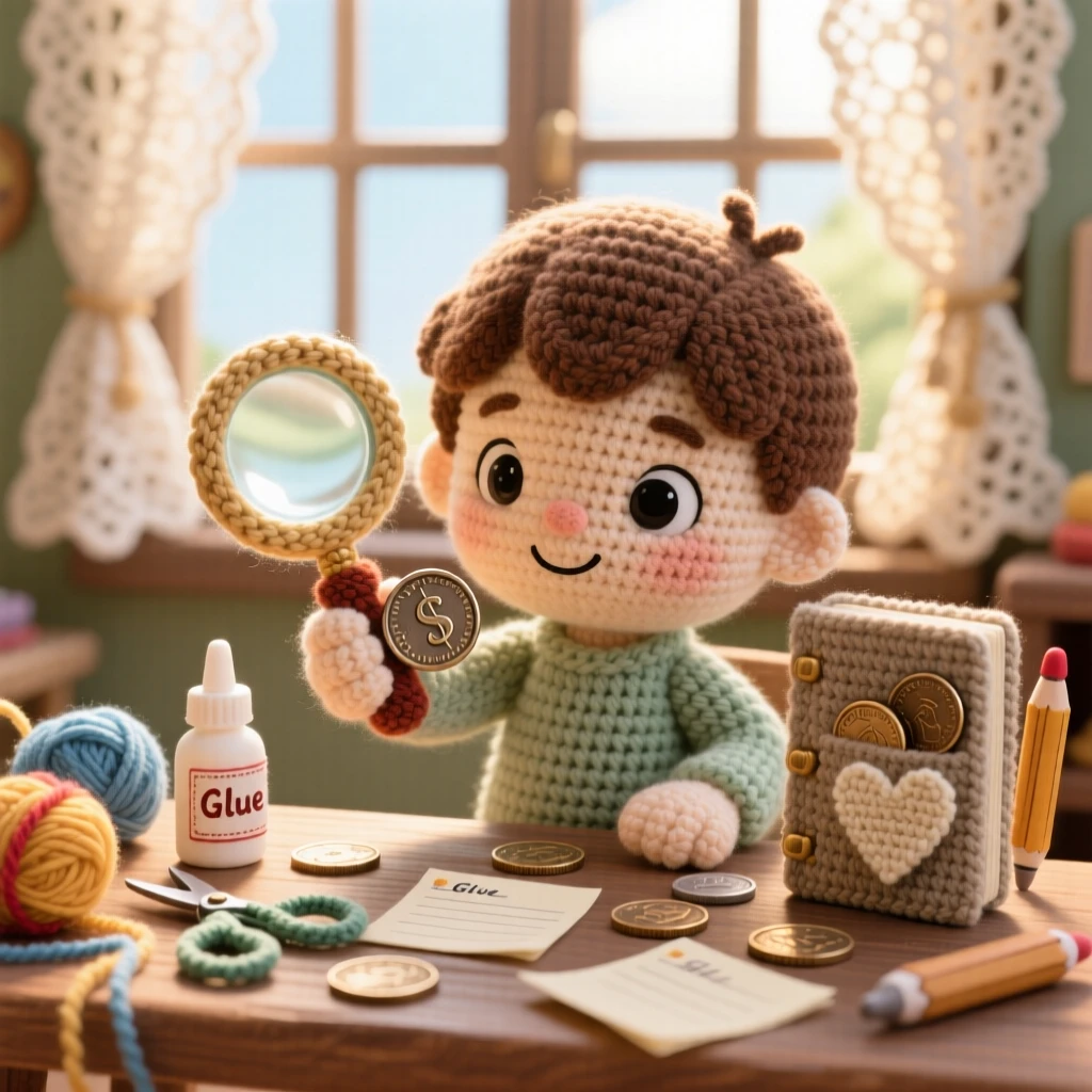 A cheerful scene of a small boy collecting coins in an album with a magnifying glass, examining an old coin closely within a sunlit studio with large windows; a scattering of craft supplies on the table nearby, full of focused determination and quiet pride.