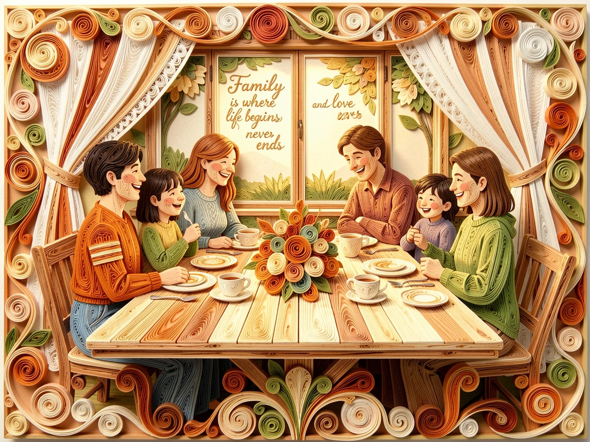 a family reunion gathered around a long outdoor table, in a cozy reading nook by a window, composed with generous warmth and closeness between subjects, in soft, cozy tones of amber and cream.