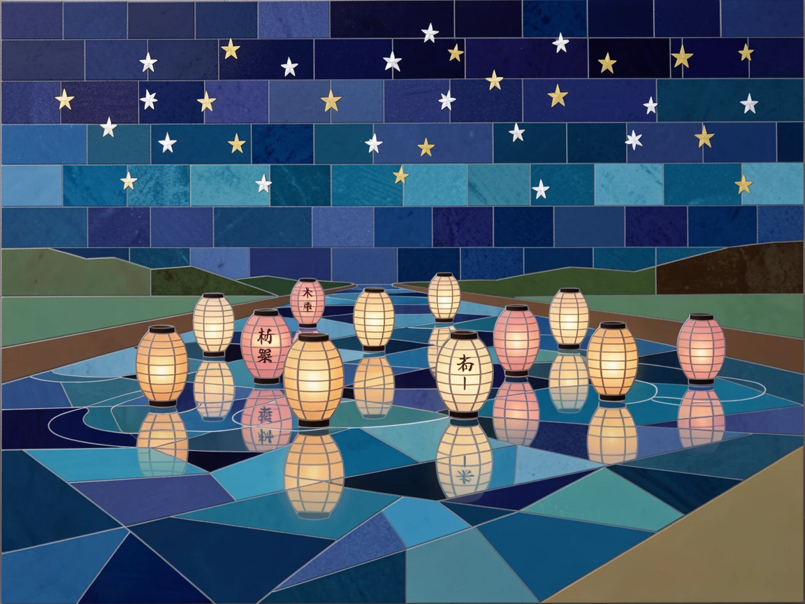 A peaceful Japanese lantern festival floating on a river at night.