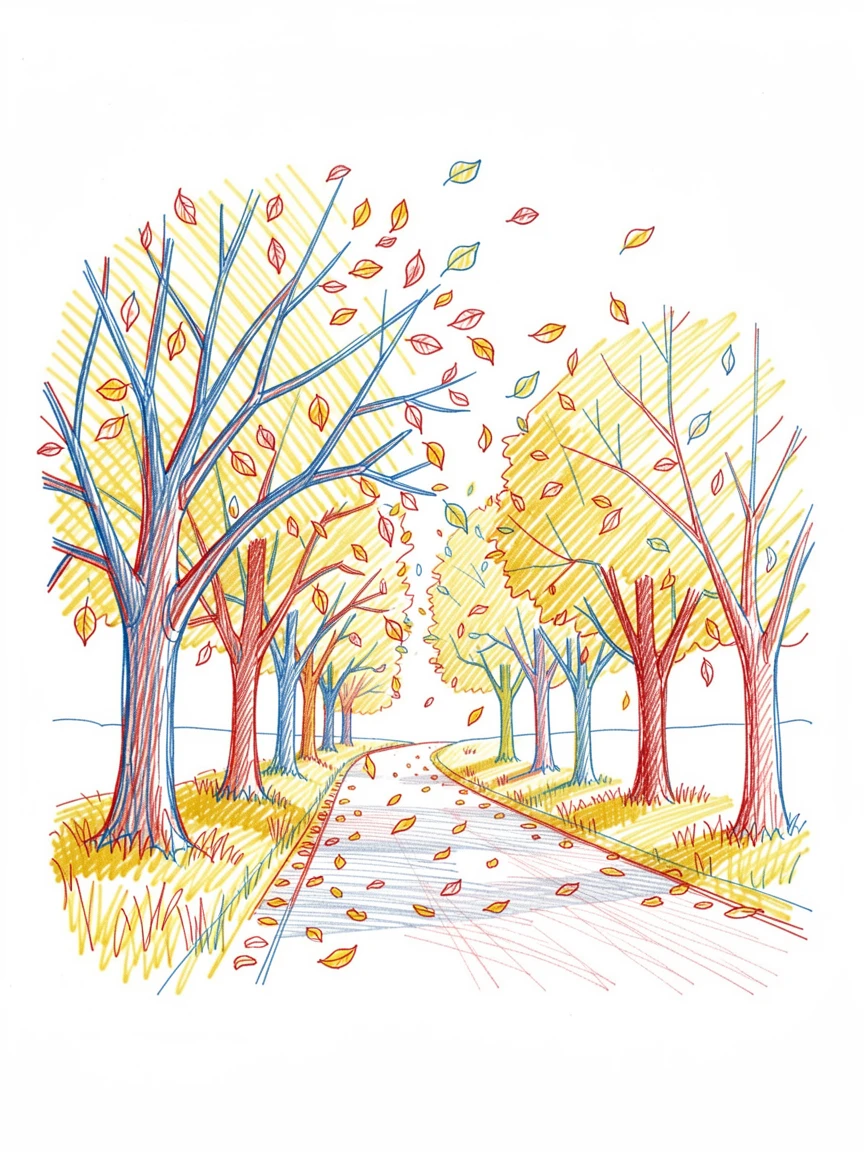 A golden autumn orchard with leaves drifting onto a quiet country road
