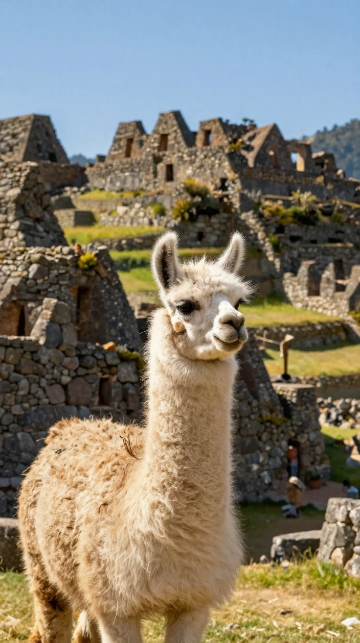 A Peruvian llama standing before ancient Incan ruins