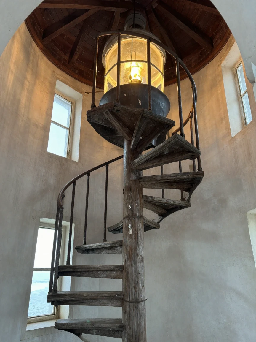 A spiral seashell staircase leads up through a lighthouse to a glowing lantern room.