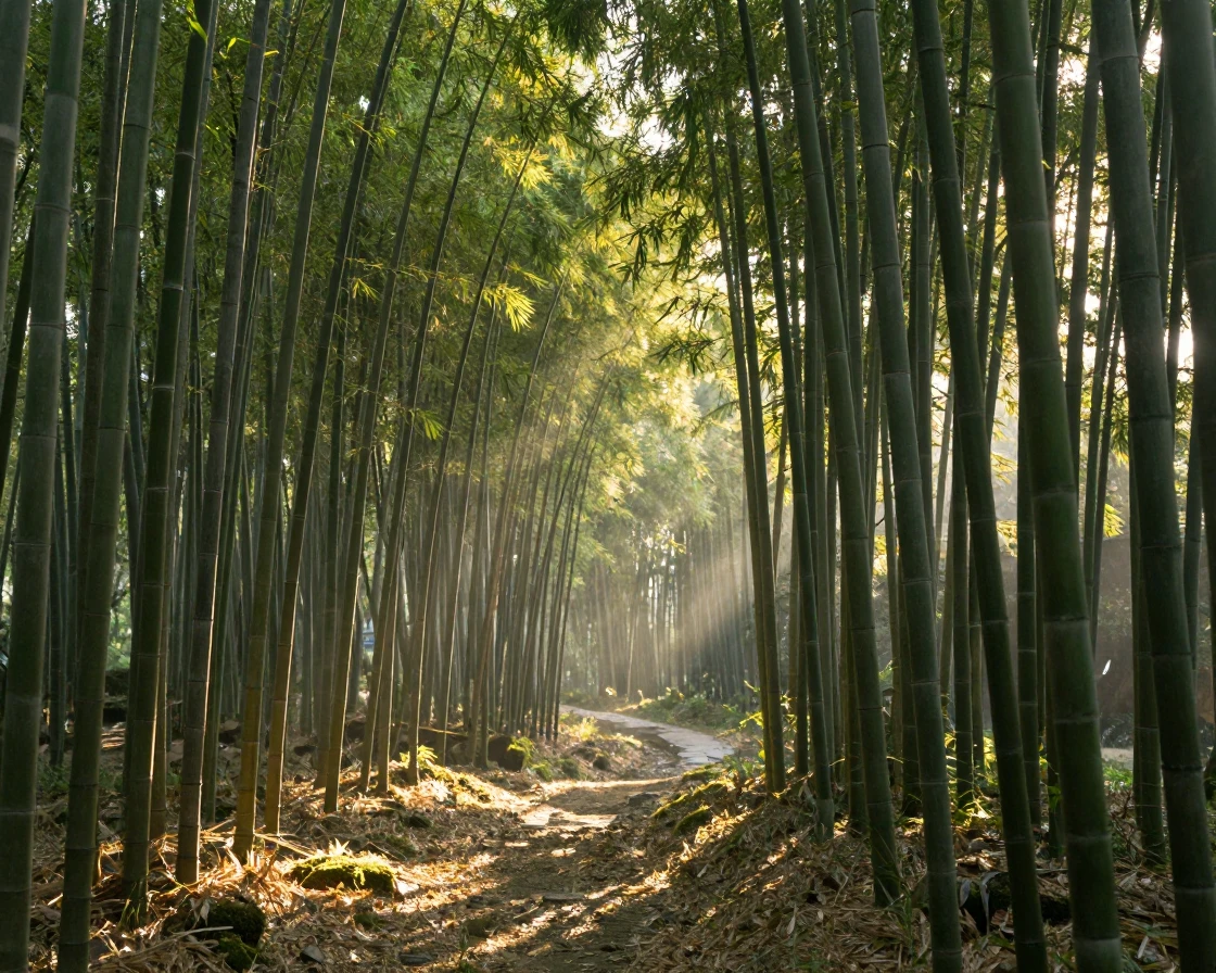 A tranquil bamboo forest with light filtering softly through swaying green stalks
