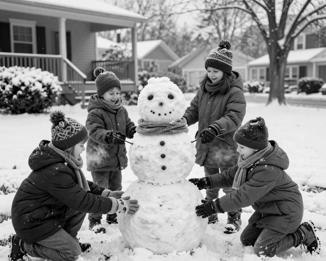 Children building a snowman pack fresh snow into a rounded body on a snow-covered front lawn.