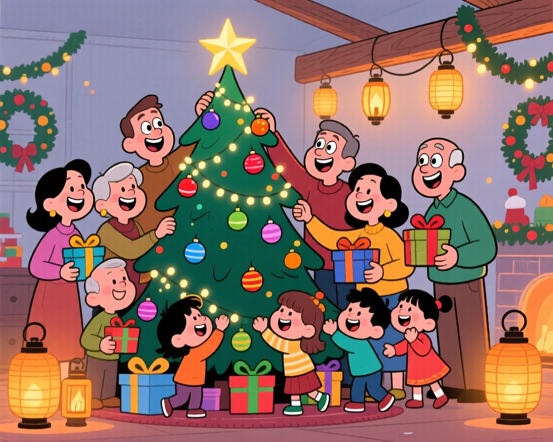 A festive celebration scene of a big extended family gathering around a decorated holiday tree, with warm lanterns glowing softly nearby.