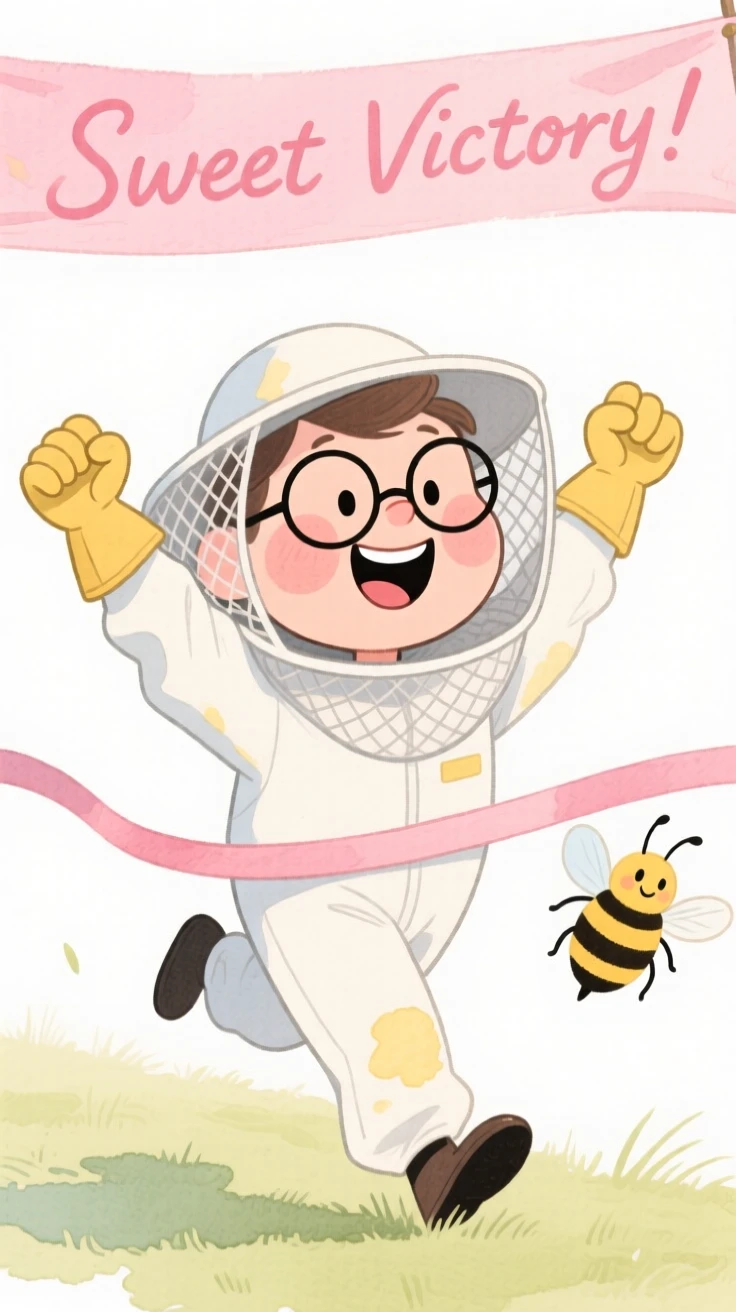 A beekeeper crossing the finish line with a joyful smile