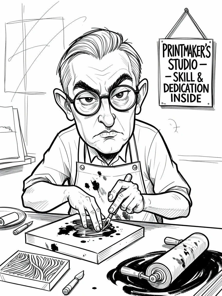 [Occupations & Hobbies] Detailed scene of a dedicated printmaker setting up tools for the day, showcasing skill and dedication