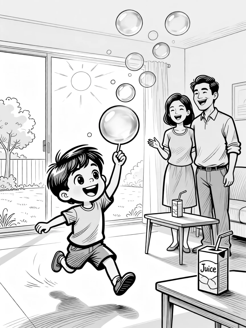 A child chasing bubbles across a sunny yard, holding the final piece high in victorious triumph, set in a living room cheered on by proud parents. A juice box straw bends at an awkward angle nearby. The image radiates the carefree magic of being young.