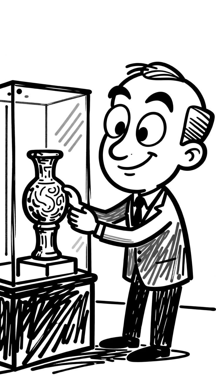 A museum curator carefully arranging an ancient artifact behind glass.