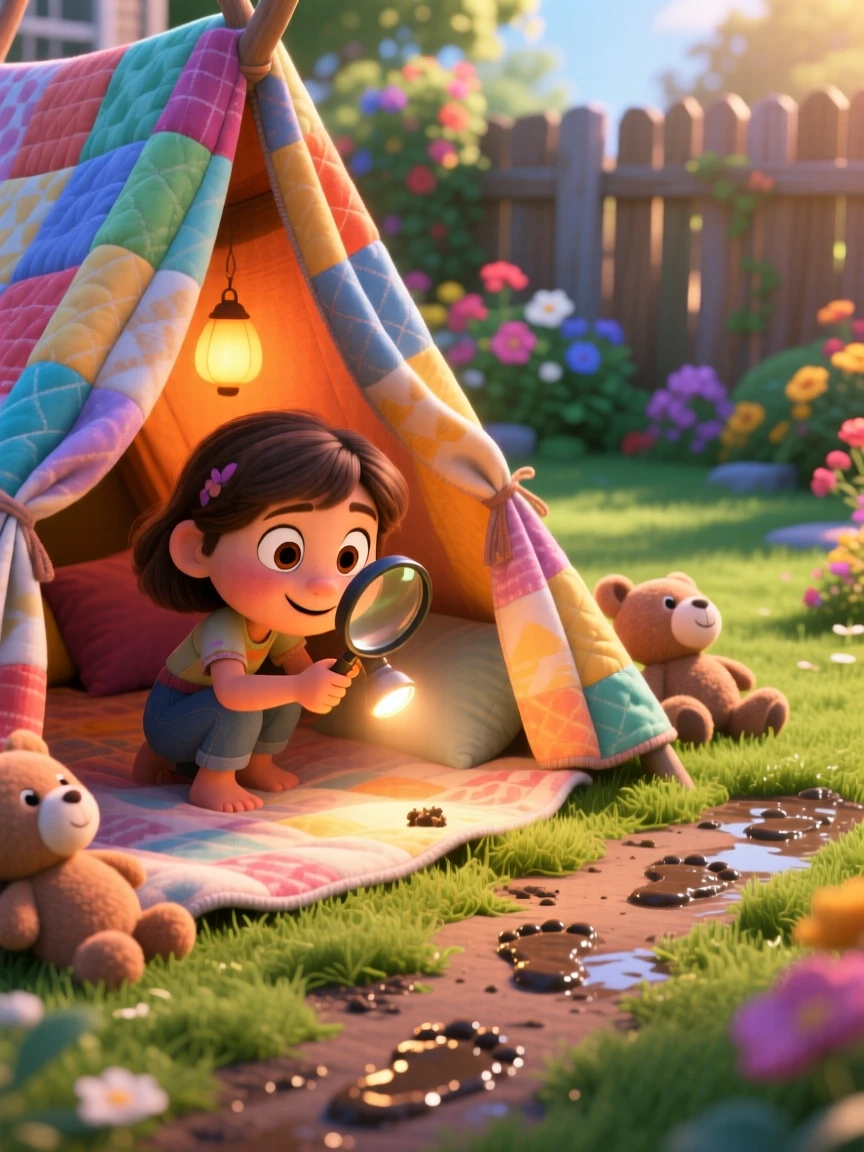 A girl exploring a backyard with a magnifying glass takes place inside a blanket fort glowing with a flashlight, with a trail of muddy footprints leading away. The scene bursts with childhood wonder and delight.