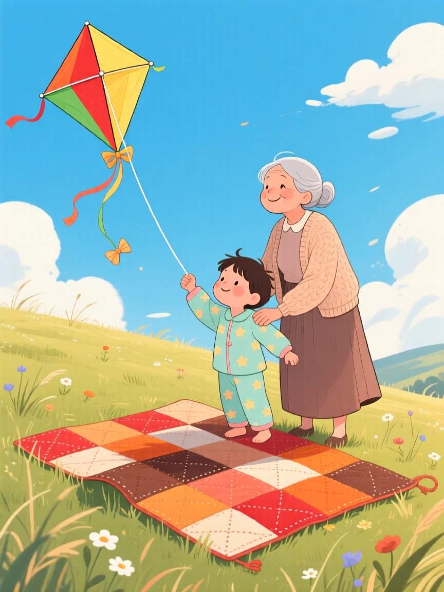 With her grandmother close by, a young child in pajamas is flying a kite on a breezy hilltop, with a homemade quilt spread beneath them.