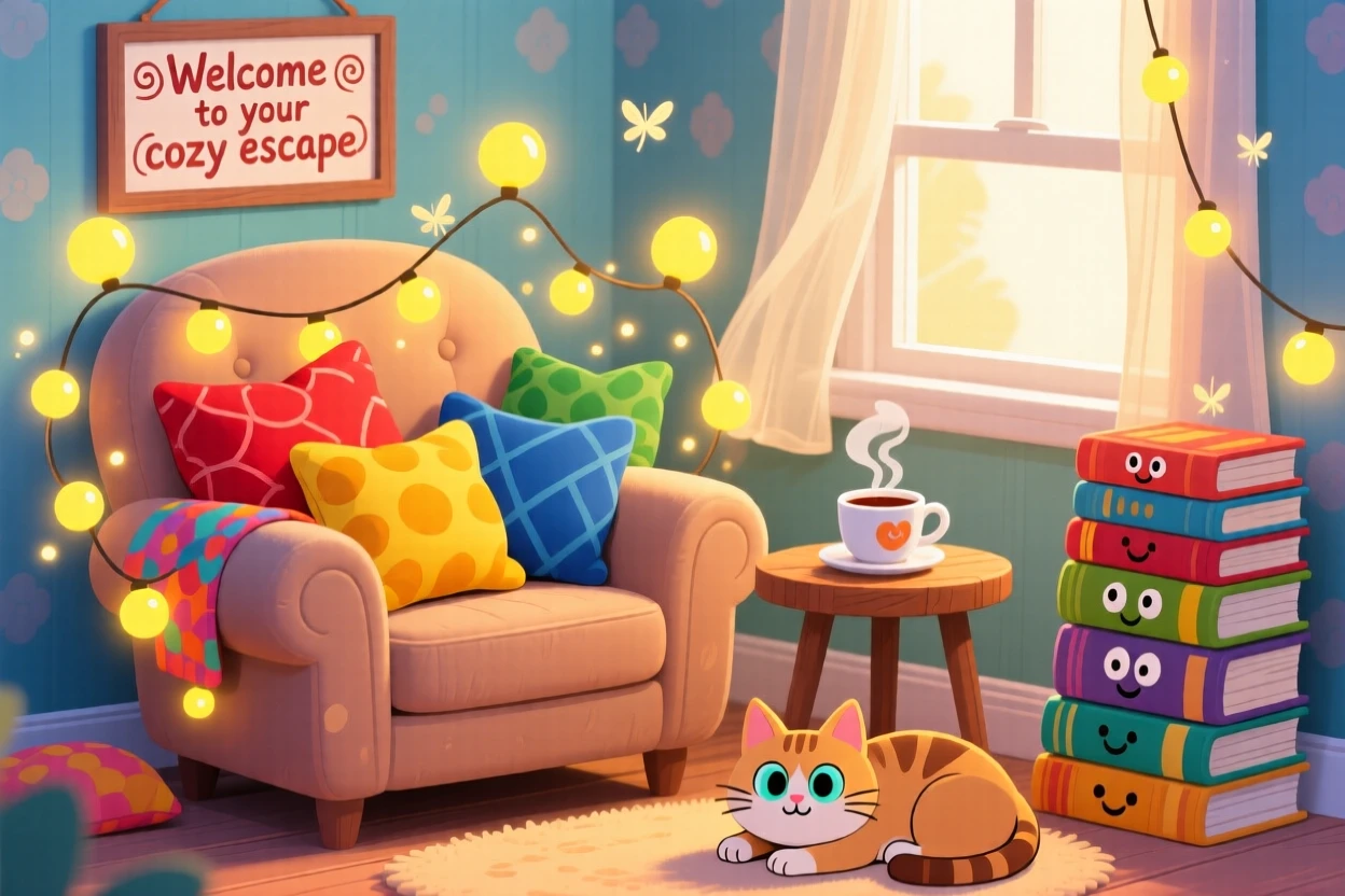 A cozy reading nook filled with pillows and fairy lights.