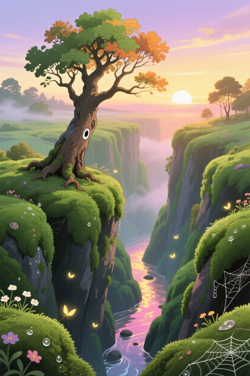 A breathtaking view of a moss-covered gorge with a hidden stream, with a lone weathered tree standing at its center, at sunrise, viewed from a high vantage point.