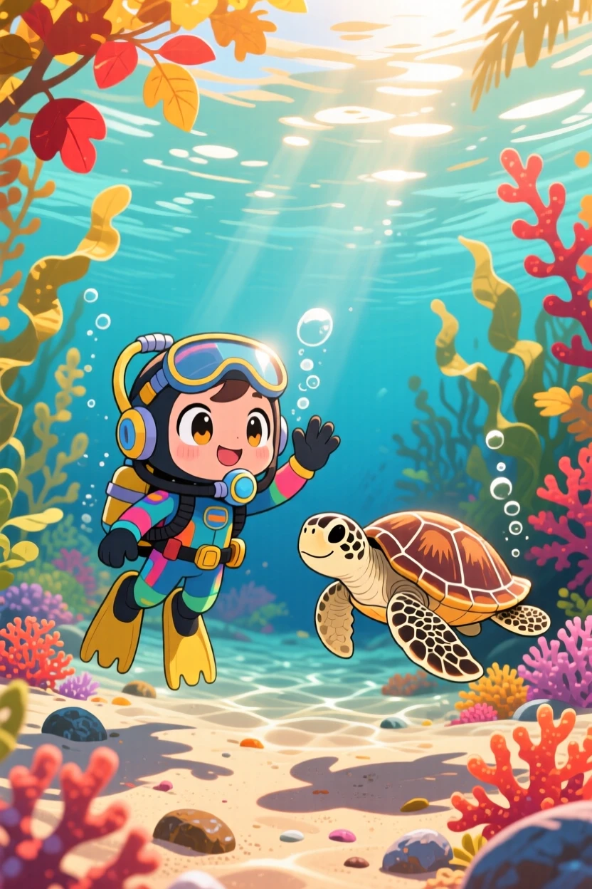 Wide establishing shot: a small diver, waving at a friendly sea turtle, set against a sunlit tropical seabed on a crisp autumn afternoon, with warm morning light filtering through leaves and a mood of triumphant pride.