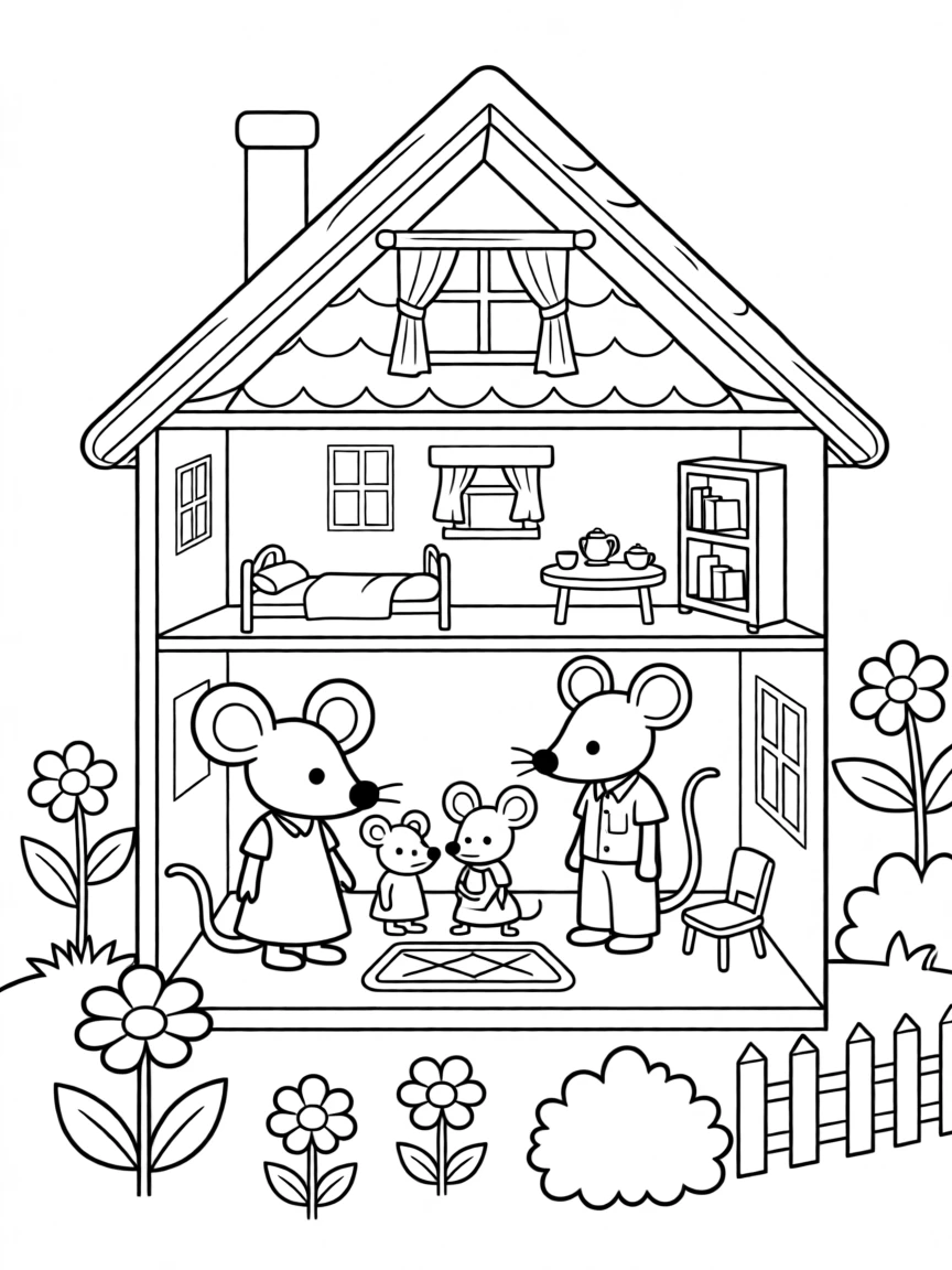 A tiny mouse family living inside a cozy dollhouse