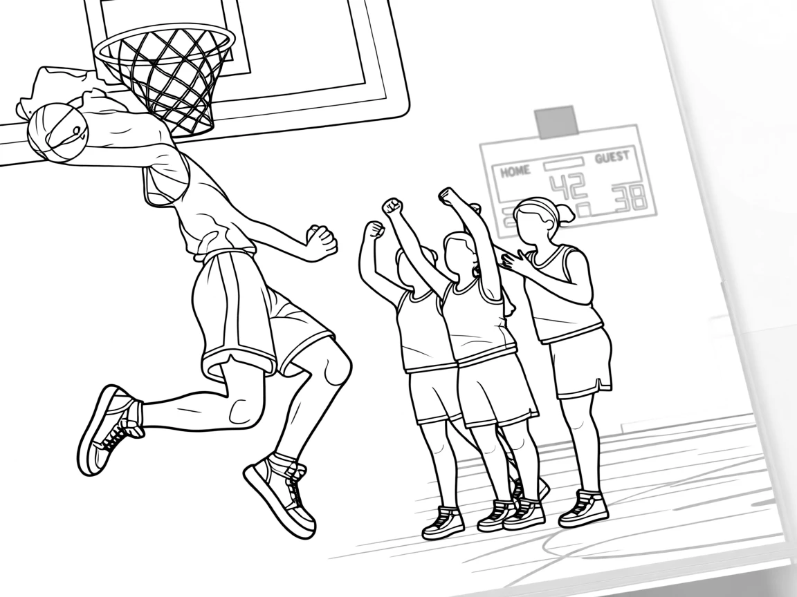 A basketball player mid-air for a slam dunk, with teammates celebrating just behind.