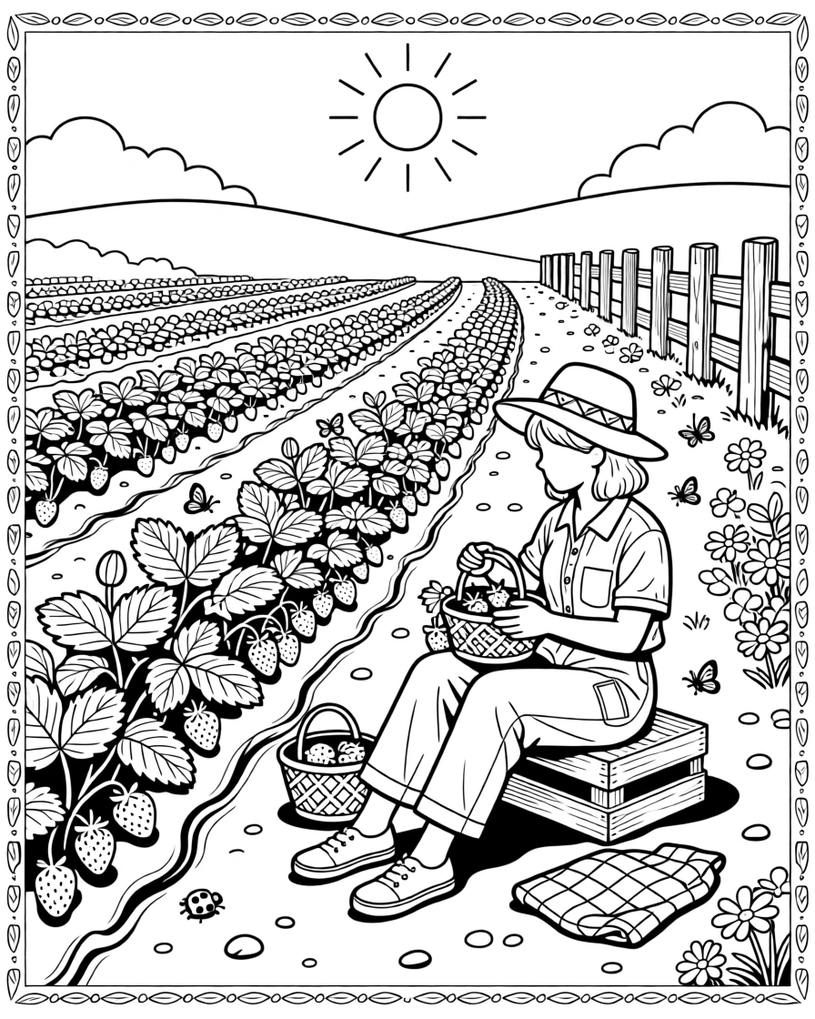A cozy strawberry-picking scene in rows of a sunlit berry field.