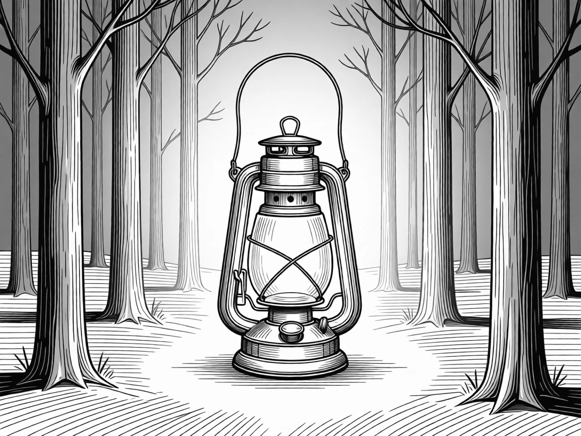 A lantern glowing softly in a dark forest symbolizing guidance