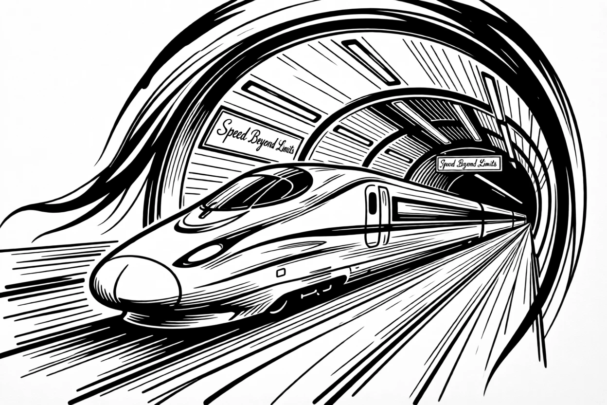 A futuristic bullet train speeding through a neon-lit tunnel.