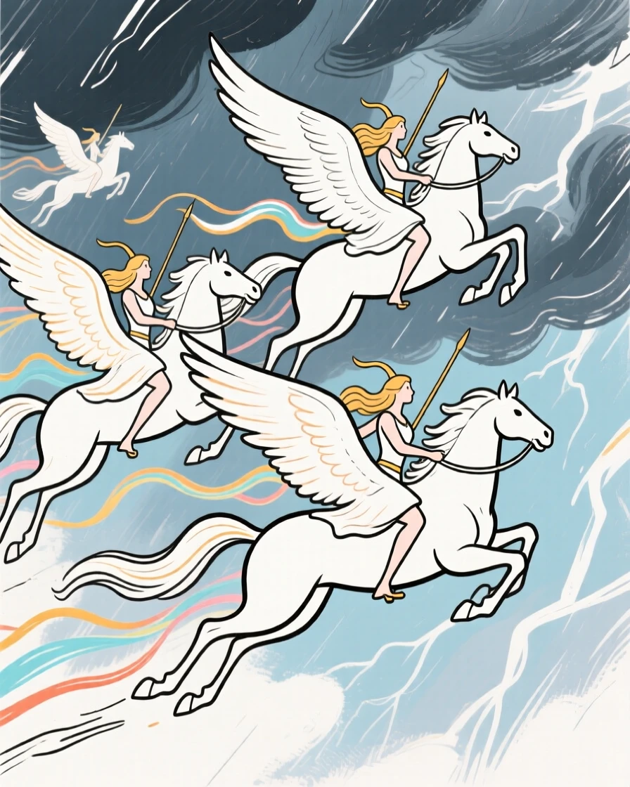 A group of valkyries riding winged horses across a stormy sky.