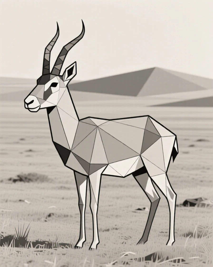 A saiga antelope standing on the open steppe