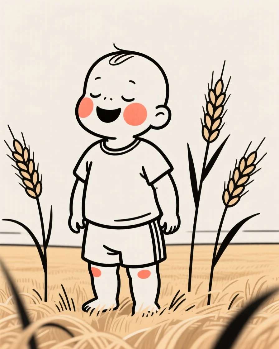 A giggling infant of Mexican heritage in athletic workout wear, looking serene and at peace, in a wheat field at harvest.